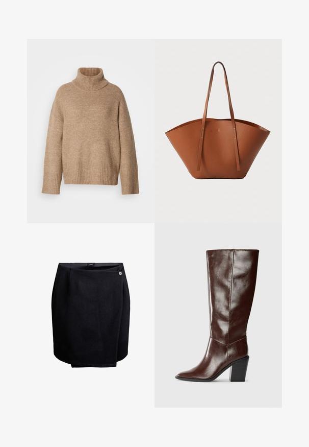 Beežika kaelarätikuga kampsun, mis on valmistatud pehmest kootud kangast. Omaduseks on soonikuga kaelus ja mansetid, lõdvestunud lõige ja langetatud õlasaaled.; Musta pakkseelik ühe nupu sulgemisega külgedel, valmistatud siledast kangast, põlve pikkusega ja kergete kattumisdetailidega.; Kõrge tumepruun nahkne saapas terava varba ja kihilise ploki kontsaga, kujutatud külgvaates ühevärvilisel taustal.; Pruunist nahast kott, millel on lai ja struktureeritud kuju, õhukesed sangad ja tekstureeritud viimistlus. Omab minimalistlikku disaini, kus ei ole nähtavat riistvara.