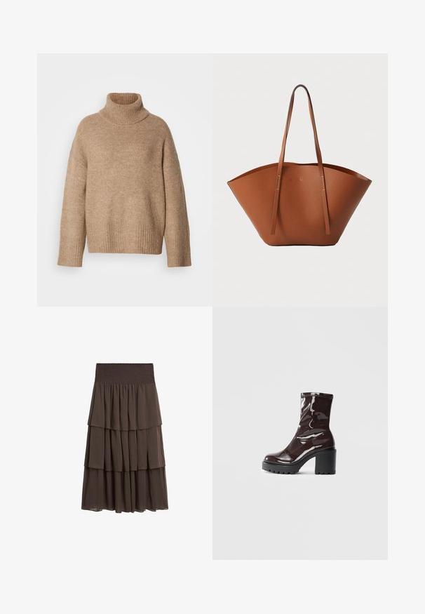 Beige rullekravesweater lavet af blødt strikstof. Har ribbet halsudskæring og manchetter, med en afslappet pasform og sænkede skuldersømme.; Massimo Dutti LONG RUFFLED - A-snit nederdel - mottled dark brown; Glatte burgunder ankelstøvler med en chunky sort hæl, der har en glat tekstur og et simpelt design. Ingen synlige lukninger eller mønstre.; Brun læder tote-taske med en bred, struktureret form, tynde håndtag og en tekstureret overflade. Har et minimalistisk design uden synligt hardware.