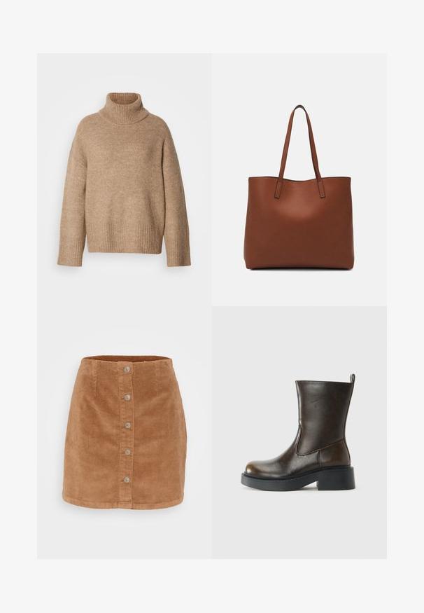 Beežika kaelarätikuga kampsun, mis on valmistatud pehmest kootud kangast. Omaduseks on soonikuga kaelus ja mansetid, lõdvestunud lõige ja langetatud õlasaaled.; Helebrood mini seelik heledas pruunis, millel on nööbiga esiosa, seitse hõbedat tooni nööpi ning tekstuuriga, ribakujuline kangas.; Tumed pruun keskpäka nahast saabas, millel on ümar varvas, paks must talla, madal plokk talle ja tõmmits taga.; Pruun nahast tote-kott, millel on sile tekstuur, avatud ülaosa disain ja kaks õlarihma. Omab minimaalset õmblust ja nähtavat riistvara ei ole.