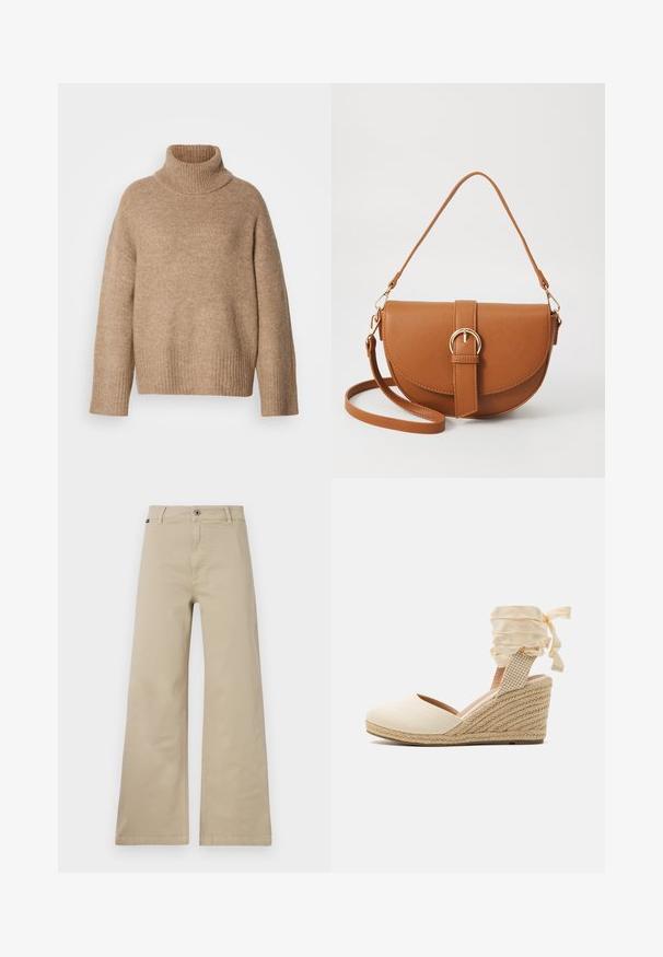 Beige turtleneck sweater made from soft knit fabric. Features a ribbed neckline and cuffs, with a relaxed fit and dropped shoulder seams.; Beige wide-leg trousers made of cotton. Features a button closure, belt loops, and side pockets. Smooth, sturdy texture with a classic design.; Beige espadrille wedge with canvas upper, open toe, and soft ribbon laces. Textured jute wedge with a braided pattern.; Brown leather crossbody bag with a curved shape, gold hardware, and a buckle accent. Features a detachable shoulder strap.