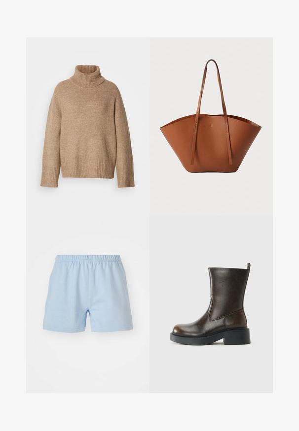 Šviesiai smėlio spalvos golfas, pagamintas iš minkštos megztos medžiagos. Turi ribotą apykaklę ir rankogalius, laisvo kirpimo ir nuleistais pečių siūlėmis.; Šviesiai mėlyni medvilniniai šortai su elastinga juosta. Turi paprastą, lygų tekstūrą ir baigiasi kelio viduryje. Be kišenių.; Tamsiai ruda odinė per čiurną boot'ų su apvaliu pirštu, storesne juoda podega, žemu blokiniu kulnu ir traukimo kilpa gale.; Ruda odinė rankinė su plačia, struktūrizuota forma, plonomis rankenomis ir tekstūruotu paviršiu. Pasižymi minimalistišku dizainu be matomų detalių.