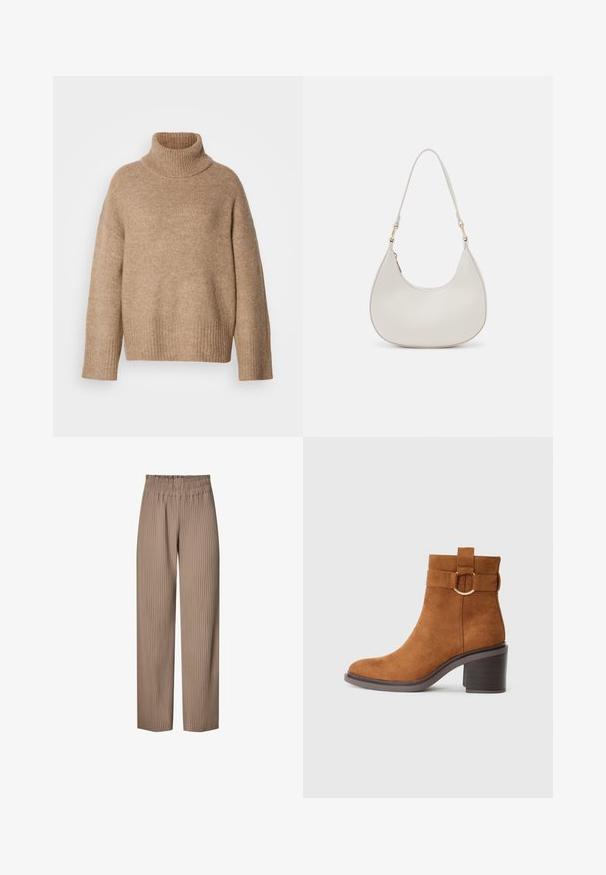 Világosbézs garbó pulóver puha kötött anyagból. Bordázott nyak- és mandzsettakialakítással, laza szabással és eresztett vállvarrással.; Plisszírozott, széles szárú nadrág világosbarna anyagból, rugalmas derékkal, függőleges csíkokkal a textúra és a dizájn fokozása érdekében.; Barna velúr bokacsizma kerek orral, tömbsarokkal és díszes pánttal, amelyen kör alakú csat részlet található.; Krém bőr válltáska, félhold alakú, vékony pánttal és diszkrét varrási részletekkel. Minimalista dizájn arany színű fémberakásokkal.