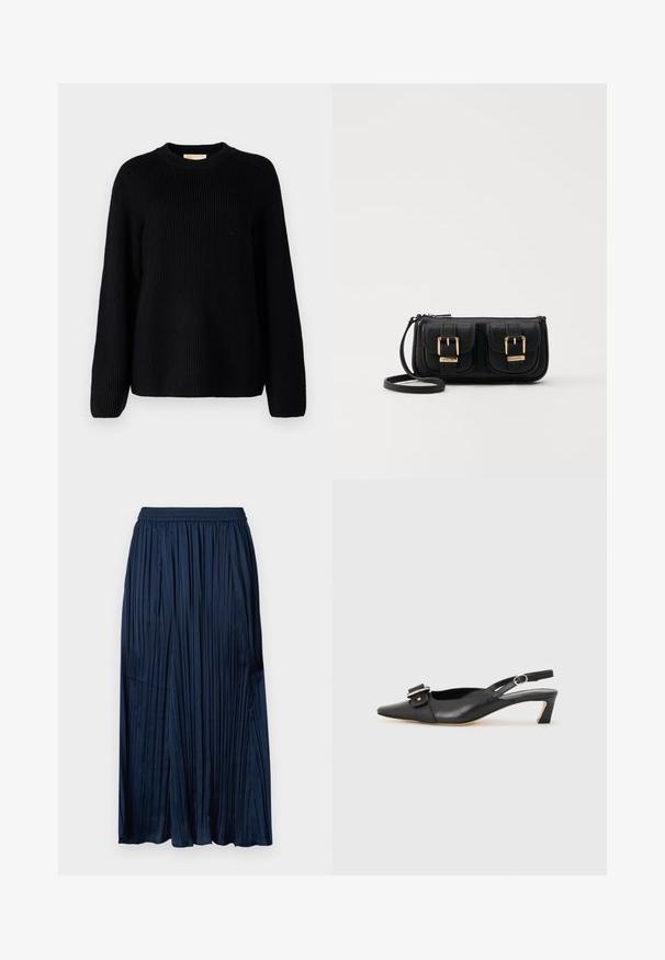 Juodas veliūrinis megztinis su ilgomis rankovėmis ir apvaliais iškirpimu. Teksiruota medžiaga ir laisvas siluetas. Be raštų ar akcentų.; Tamsiai mėlynas klostuotas maksi sijonas su elastinga juosmens juosta, pasižymi lygia tekstūra ir platėjančiu dizainu, besileidžiančiu žemiau kelių.; Juodas odinis slingback batelis su smailiu nosiu, maža pakulne ir dekoratyvine sagtimi viršuje. Lygus paviršius, minimalistas dizainas.; Juodas odinis per petį nešiojamas krepšys su dviem priekiniais kišenėmis, auksiniais sagtimis, užtrauktuko uždarymu ir siauromis petnešomis. Textūruota paviršius ir kompaktiškas stačiakampis formatas.