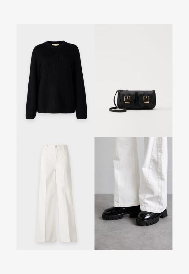 Sort ribbet striktrøje med lange ærmer og rund halsudskæring. Tekstureret stof og afslappet pasform. Ingen mønstre eller udsmykninger.; Hvide vidde bukser lavet af bomuld med en glat tekstur. Har en frontknap, lynlås, og fire-lomme design.; Sorte sko med kraftig sål og glansfuld finish, parret med hvide bukser med bred ben. Bemærkelsesværdig tykk sål og glat tekstur på skoene.; Sort læder crossbody taske med to frontlommer, guldspænder, lynlåslukning og en slank rem. Struktureret overflade og kompakt rektangulær form.