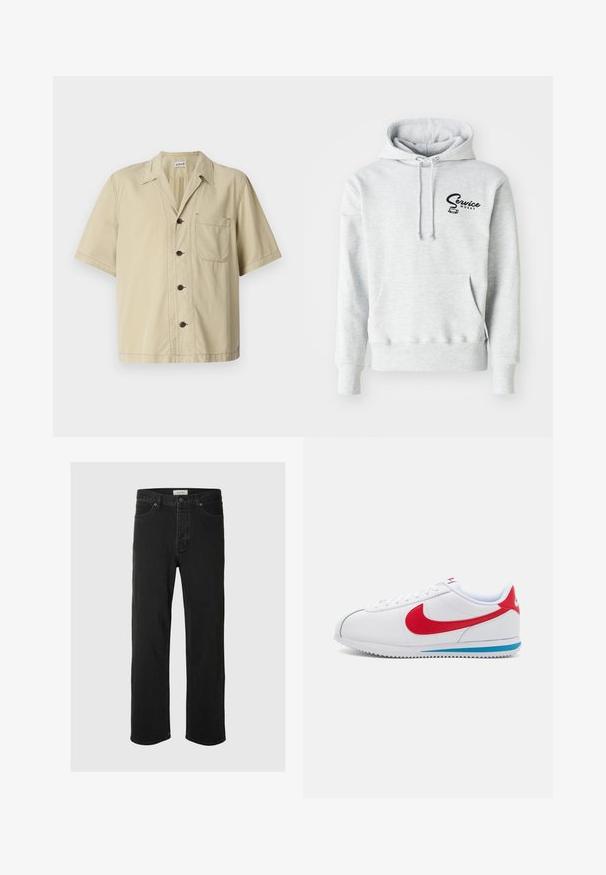 Grauer Hoodie aus weichem Stoff, mit einer Vorderentasche, Kapuze mit Kordelzug und einem schwarzen "Service Works"-Logo auf der linken Brustseite.; Beige Kurzarmhemd aus Baumwolle mit spitzem Kragen, Knopfleiste und einer Brusttasche auf der linken Seite. Glatte Textur, einfaches Design.; Schwarze Denim-Jeans im Straight-Leg-Schnitt verfügen über ein klassisches Fünf-Taschen-Design mit Knopfverschluss, minimaler Naht und einer weichen Textur.; Weißer Sneaker mit roten Akzenten, mit einem glatten Lederobermaterial, runder Zehenform und blauer Sohle. Schnürdesign mit sichtbaren Nähdetails.