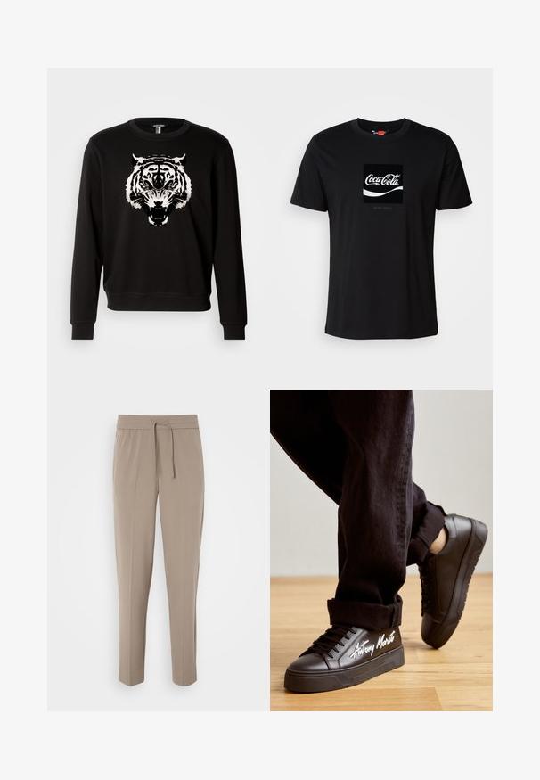 Svart genser med lange ermer som har et stort hvitt tigerdesign på fronten. Laget av bomull med klassisk rund hals.; Svart bomull t-skjorte med korte ermer og rund hals, med et Coca-Cola-logo i hvitt og et rektangulært aksent.; Lys beige bukser med elastisk talje, justerbar snor og avsmalnede ben. Stoffet ser glatt ut med en svak glans.; Svarte høy-top sneakers med en glatt skinnfinish, featuring tykke såler og hvit tekst "Antony Morato" på siden. Svarte snørebånd og detaljer.