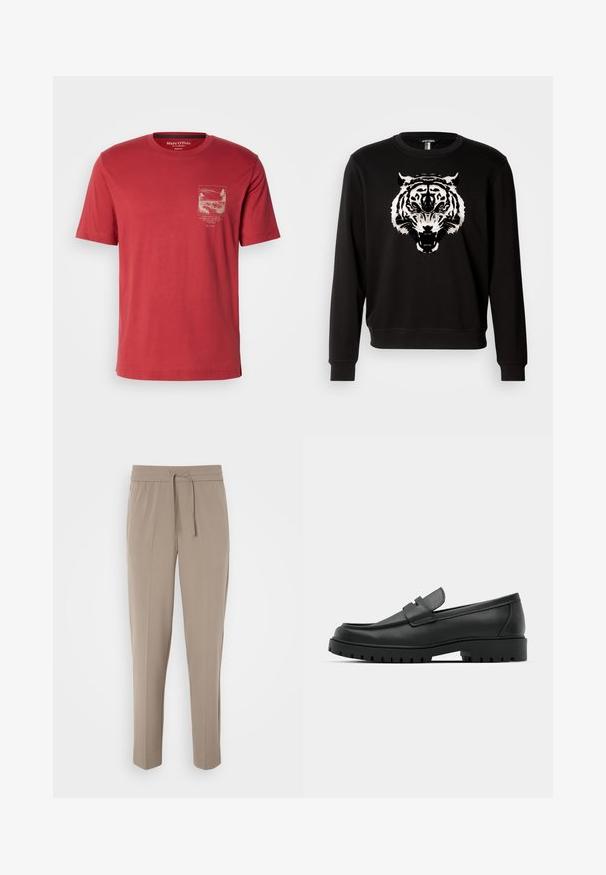 Črna majica s dolgimi rokavi, ki ima na sprednji strani velik beli tiger grafiko. Narejena iz bombaža s klasičnim krojem okroglega vratu.; Rdeča majica s kratkimi rokavi z majhnim bež grafičnim motivom narave in besedilom na levi strani prsnega dela, okroglo ovratnikom, običajna prilega.; Svetlo bež hlače z elastičnim pasom, nastavljivo vrvico in ozkimi nogami. Tkanina se zdi gladka z rahlim sijajem.; Črne usnjene loafers čevlje z zaobljenim nosom, ki imajo šivano zasnovo, nizko platformo in teksturiran, profiliran gumijast podplat.