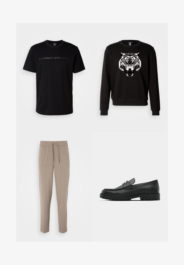 Black sweatshirt with long sleeves featuring a large white tiger graphic on the front. Made of cotton with a classic crew neck design.; Black cotton t-shirt featuring a round neckline and a glossy logo print that reads "ANTONY MORATO" across the chest.; Light beige trousers with an elastic waistband, adjustable drawstring, and tapered legs. Fabric appears smooth with a slight sheen.; Black leather loafers with a rounded toe, featuring a stitched design, low platform sole, and a textured, lugged rubber outsole.