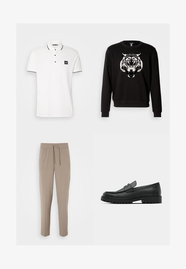 Sudadera negra de manga larga con un gran gráfico de un tigre blanco en la parte frontal. Hecha de algodón con un diseño clásico de cuello redondo.; Camisa polo blanca de manga corta, con dos botones y un acento negro en el cuello. Presenta un parche cuadrado negro en el pecho.; Pantalones beige claros con cinturilla elástica, cordón ajustable y perneras estrechas. La tela parece suave con un ligero brillo.; Mocasines de cuero negro con punta redonda, que cuentan con un diseño cosido, suela de plataforma baja y una suela de goma texturada y con tacos.