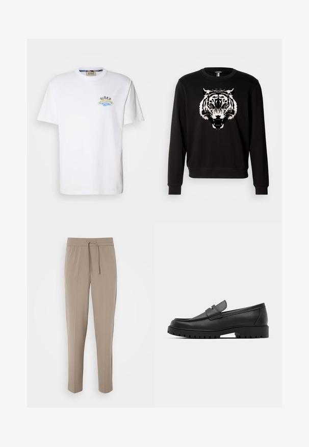 Sweatshirt preto com mangas longas, apresentando um grande gráfico de um tigre branco na frente. Feito de algodão com um design clássico de gola redonda.; T-shirt branca de algodão com um design bordado colorido no peito, incluindo texto e figuras, mangas curtas e um decote redondo.; Calças bege claras com cintura elástica, cordão ajustável e pernas ajustadas. O tecido parece suave com um leve brilho.; Sapatilhas de couro preto com bico arredondado, apresentando um design cosido, sola de plataforma baixa e um solado de borracha texturizado e com cravos.
