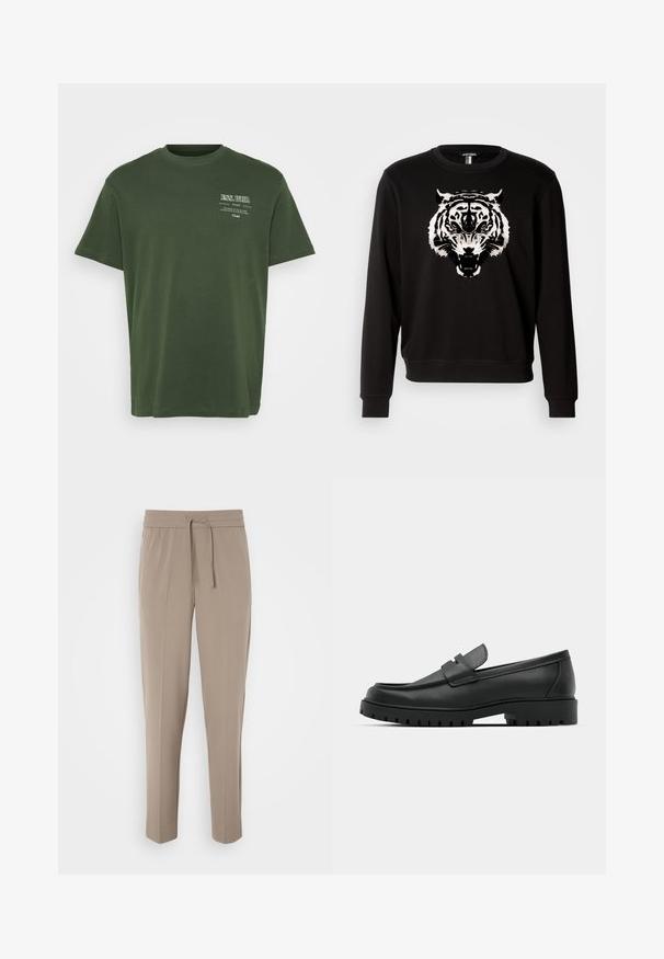 Must värvi pikkade varrukatega dressipluus, millel on ees suur valge tiigri graafika. Valmistatud puuvillast ja klassikalise ümmarguse kaeluse disainiga.; Roheline puuvillane t-särk, millel on ümmargune kaelus, lühikesed varrukad ja valge trükitud tekst ülemises vasakus nurgas. Sile tekstuur, mugav lõige.; Heledad beezised püksid elastse vöökohtaga, reguleeritava paelaga ja kitsenevad sääred. Kanga pind näib sile ja kerge sära.; Mustad musta nahast loafers, millel on ümar varvas, tikandiga disain, madal platvorm-soon ja tekstureeritud, soonikkummist välistald.