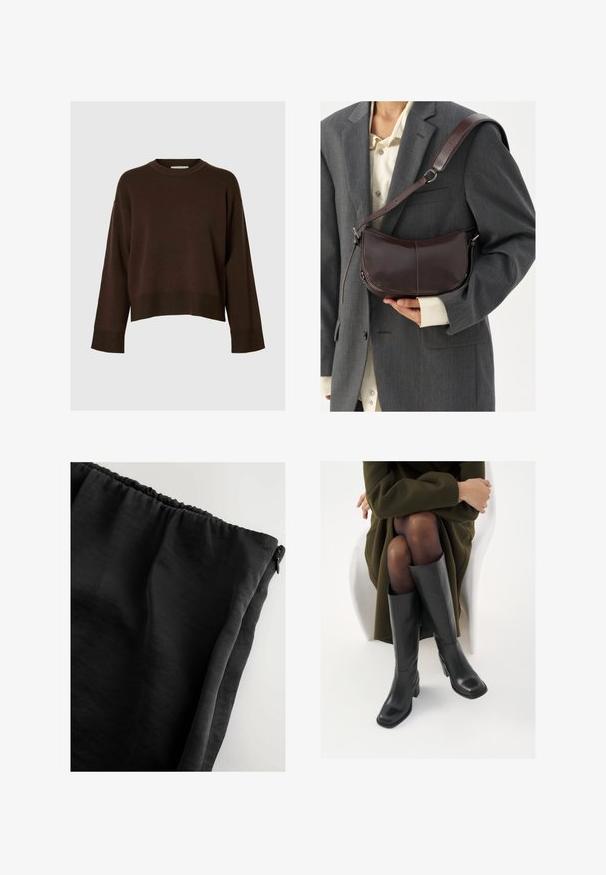 Pruun lühikeste varrukatega kampsun, pikkade varrukatega, ribakujuline äär, klassikaline ümmargune kaelus, pehme tekstuur ja minimalistlik disain.; Mustmust, kerge kangas, millel on sile tekstuur, kogutud vöökoht ja külgvetti. Lihtne disain, ilma täiendavate mustriteta.; Knee-high mustad nahast saapad nelinurkse varbaga ja plokilise kontsaga, esitatud mudeli kõrval, kes istub oliivirohelises mantlis. Sujuv tekstuur, minimaalne detailide arv.; Pruun nahast õlalauk, millel on kaarjas disain, eemaldatav rihm, sile tekstuur ja nähtavad õmblusdetailid.