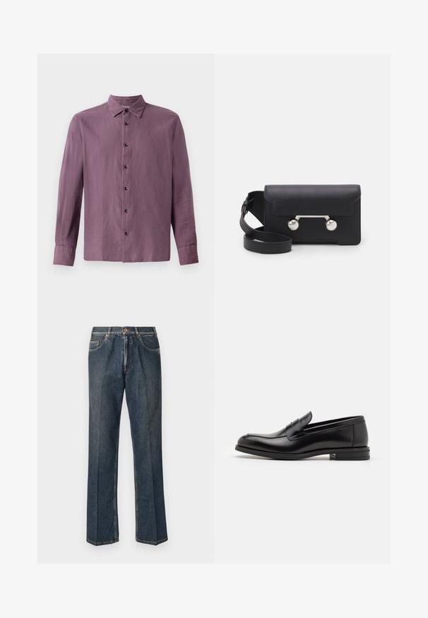 Crème-kleurige gebreide trui met een polo-kraag, geribde manchetten en zoom, voorzien van een voorste placket en een zachte textuur.; Langsleeve shirt in lichtpaarse stof, met een knoopsluiting aan de voorkant met zwarte knopen en een klassieke kraag. Gladde textuur, rechte snit.; Donkerblauwe rechte spijkerbroek met een knoopsluiting aan de voorkant, rits, dubbele voorzakken en zichtbare verticale plooien langs de benen.; Zwarte leren instappers met een gladde textuur, ronde neus en een decoratieve band over de wreef. Lage, gestapelde hak en minimalistisch ontwerp.; Zwarte leren schoudertas met een klep, zilverkleurige hardware en twee ronde accenten. Voorzien van een afneembare schouderriem. Soepele textuur.