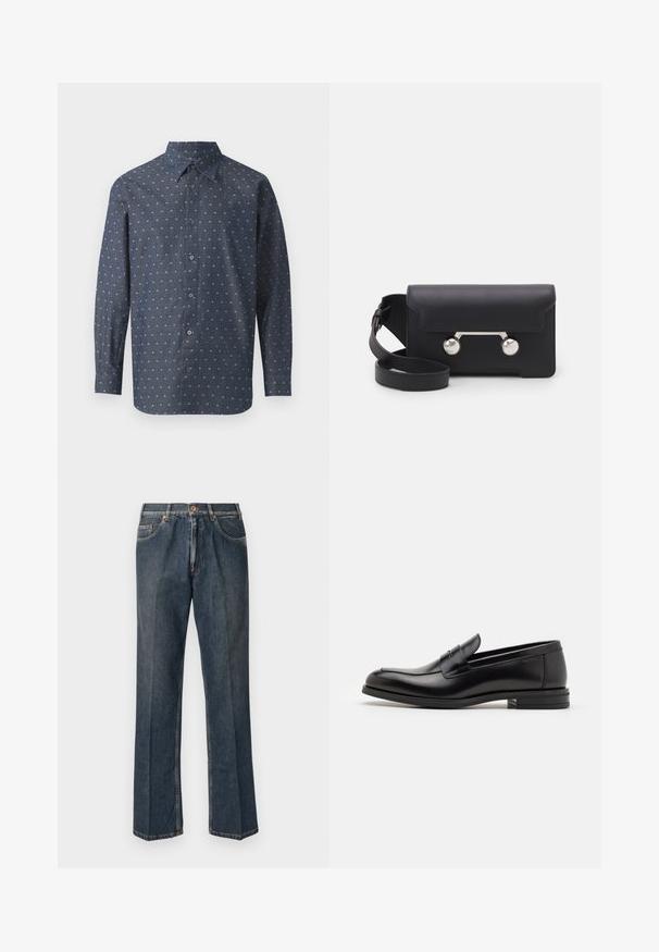 Kremfarvet strikket sweater med polo-krave, ribbede mansjetter og kant, med en frontplacket og blød tekstur.; Knap-op skjorte i mørk navy stof med et tekstureret print af små hvide og lyseblå mønstre, med standard krave og lange ærmer.; Mørkeblå lige ben denim jeans med frontknap, lynlås, dobbelte forlommer og synlige lodrette folder ned langs benene.; Sorte læderloafers med en glat overflade, rund tå og en dekorativ strop over vampen. Lav hæl med stabeldesign, minimalistisk stil.; Sort læder crossover taske med klaplukning, sølvfarvet hardware og to runde accenter. Har en aftagelig rem. Glat tekstur.
