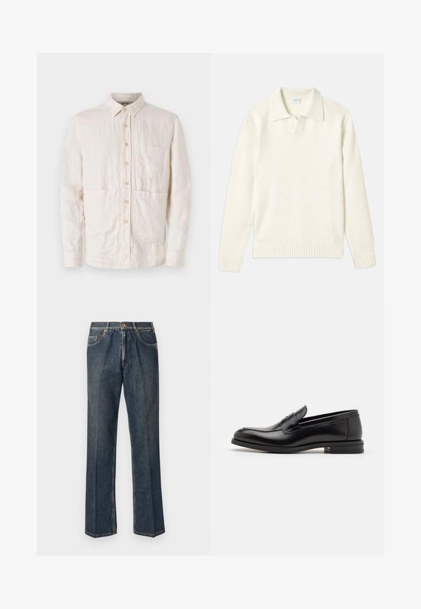 Kremfarvet strikket sweater med polo-krave, ribbede mansjetter og kant, med en frontplacket og blød tekstur.; Lysbeige skjorte med knapper lavet af tekstureret stof. Har en krave, syv forreste knapper og to forreste stiklommer.; Mørkeblå T-shirt med korte ærmer og hvid tekst "neanche per sogno" centreret på brystet, rund hals, medium størrelse.; Mørkeblå lige ben denim jeans med frontknap, lynlås, dobbelte forlommer og synlige lodrette folder ned langs benene.; Sorte læderloafers med en glat overflade, rund tå og en dekorativ strop over vampen. Lav hæl med stabeldesign, minimalistisk stil.