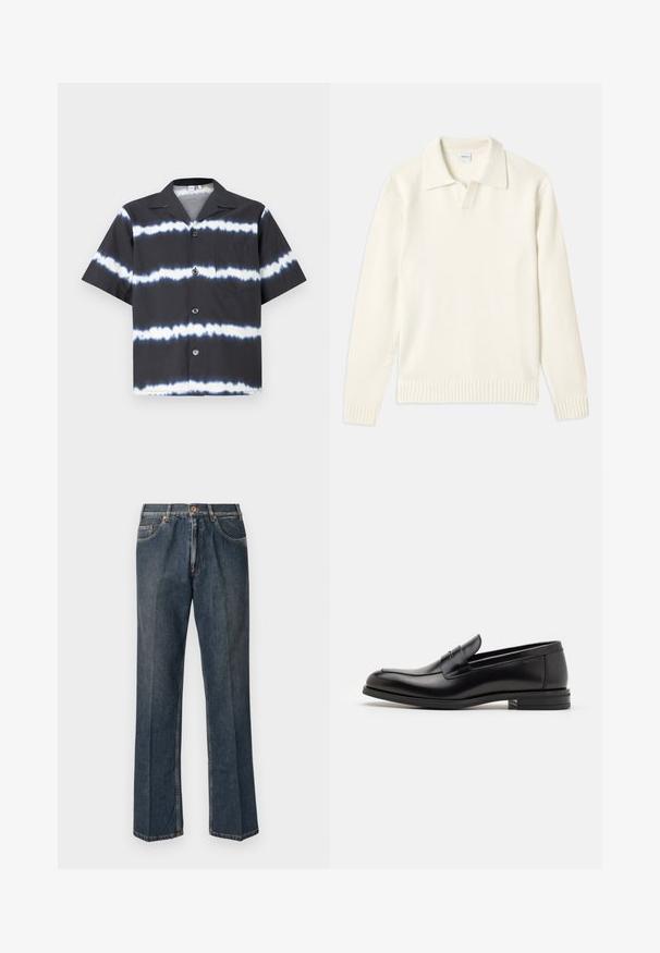 Cream-colored knit sweater with a polo collar, ribbed cuffs, and hem, featuring a front placket and soft texture.; Short-sleeve shirt in black with white tie-dye stripes, featuring a button front, collar, and a single chest pocket. Made of soft fabric.; Navy blue short-sleeve T-shirt with white text "neanche per sogno" centered on the chest, crew neck, medium size.; Dark blue straight-leg denim jeans with front button, zip fly, double front pockets, and visible vertical creases down the legs.; Black leather loafers with a smooth texture, rounded toe, and a decorative strap across the vamp. Low stacked heel, minimalist design.
