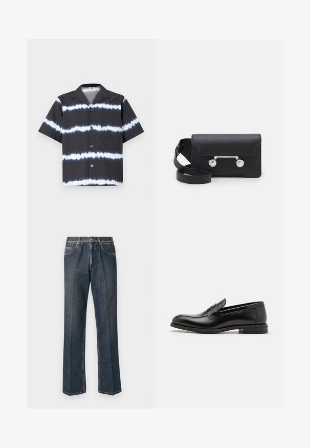Krämfärgad stickad tröja med polo-krage, ribbade ärmslut och nederkant, med en framplacket och mjuk textur.; Kortärmad skjorta i svart med vita tie-dye ränder, med knappstängning framtill, krage och en bröstficka. Tillverkad av mjukt tyg.; Mörkblå raka denimjeans med framknapp, blixtlås, dubbla framfickor och synliga vertikala veck längs benen.; Svarta läderloafers med en slät yta, rund tå och ett dekorativt band över främre delen. Låg staplad klack, minimalistisk design.; Svart läder crossbody-väska med klaffstängning, silverfärgade detaljer och två runda accenter. Utrustad med en avtagbar rem. Slät textur.