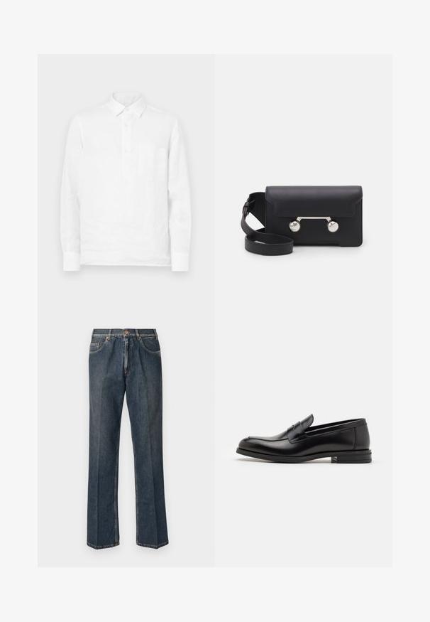 Pull en tricot de couleur crème avec un col polo, des poignets et un ourlet côtelés, comportant une patte de boutonnage sur le devant et une texture douce.; Chemise en lin blanche à manches longues avec une patte de boutonnage et une poche poitrine, présentant une texture lisse et un design de col classique.; T-shirt à manches courtes bleu marine avec le texte blanc "neanche per sogno" centré sur la poitrine, col rond, taille moyenne.; Jeans en denim droit bleu foncé avec un bouton à l'avant, une fermeture éclair, deux poches avant et des plis verticaux visibles le long des jambes.; Mocassins en cuir noir avec une texture lisse, bout rond et une sangle décorative sur le dessus. Talon bas empilé, design minimaliste.; Sac bandoulière en cuir noir avec un rabat, accessoires en métal argenté et deux accents ronds. Doté d'une bandoulière amovible. Texture lisse.