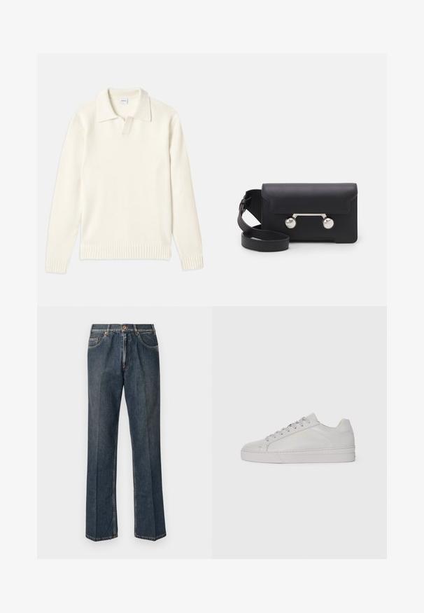 Krema barve pletena jopica s polo ovratnikom, rebrastimi manšetami in robom, ki ima sprednji zadrgo in mehak tekstur.; Temno modra kratka majica s kratkimi rokavi z belim napisom "neanche per sogno" sredi prsnega dela, okrogli izrez, velikost srednja.; Temno modri traper hlače ravnega kroja z gumbom spredaj, zadrgo, dvojnimi sprednjimi žepi in vidnimi navpičnimi gubami po nogah.; Svetlo sivi usnjeni sneaker z gladko teksturo, zaobljenim nosom, ravnim gumijastim podplatom in tonarnimi vezalkami. Ima minimalno blagovno znamko v zlatem.; Črna usnjena torbica za čez ramo z zapiranjem na preklop, srebrnimi dodatki in dvema okroglima okrasoma. Ima snemljiv trak. Gladka tekstura.