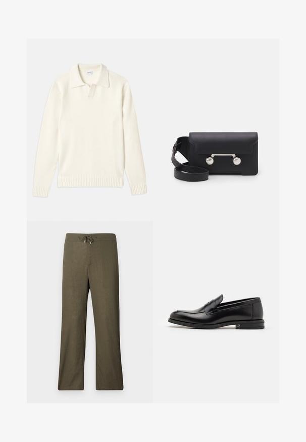 Sweter dzianinowy w kolorze kremowym z kołnierzykiem polo, prążkowanymi mankietami i dołem, z dekoltem na guziki i miękką fakturą.; Granatowa koszulka z krótkim rękawem z białym napisem "neanche per sogno" umieszczonym na środku klatki piersiowej, okrągły dekolt, rozmiar średni.; Luźne oliwkowe lniane spodnie z troczkiem w pasie i szerokimi nogawkami. Gładka faktura, minimalistyczny design, brak widocznych wzorów lub akcentów.; Czarne skórzane mokasyny o gładkiej fakturze, zaokrąglonym nosku i dekoracyjnym pasku na przodzie. Niski, warstwowy obcas, minimalistyczny design.; Czarna skórzana torba na ramię z klapką, z metalowymi elementami w srebrnym kolorze i dwoma okrągłymi akcentami. Posiada odczepiany pasek. Gładka faktura.