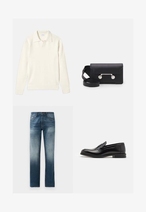 Kreemivärvi kudumiga sviiter polo krae, sooniküttega varrukate ja äärega, ees klappi ja pehme tekstuuriga.; Tumedat sinise lühikeste varrukatega T-särk, millel on valge tekst "neanche per sogno" keskel rinnal, ümmargune kaelus, keskmine suurus.; Tumed sinimustest denimpükste sirge jala värvitoonus. Omab viit taskut, tavalist paela ja vöökaarega ning metallist nuppe sulgemiseks.; Mustad mustad nahast loafers sileda tekstuuriga, ümarat ninaosa ja dekoratiivne riba vampi üle. Madal kihiline konts, minimalistlik disain.; Must со хsaid crossover kottiga black nahka, mis on varustatud klapiga sulgemisega, hõbedased detailid ja kaks ümmargust aksessuaar. Omab eemaldatavat rihma. Sile tekstuur.