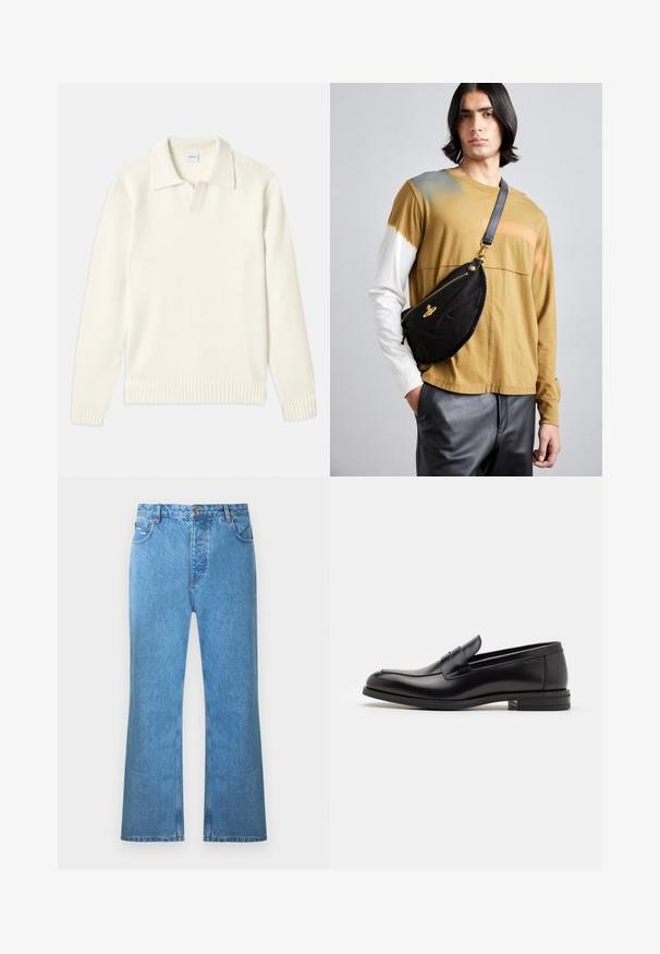 Krämfärgad stickad tröja med polo-krage, ribbade ärmslut och nederkant, med en framplacket och mjuk textur.; Mörkblå kortärmad T-shirt med vit text "neanche per sogno" centrerad på bröstet, rund hals, medium storlek.; Ljusblå jeans i denim med utsvängda ben, hög midja, fem fickor och subtil blekning. Har dekorsömmar och knappstängning.; Svarta läderloafers med en slät yta, rund tå och ett dekorativt band över främre delen. Låg staplad klack, minimalistisk design.; Vivienne Westwood CITY BUMBAG UNISEX - Bältesväska - black; AGNELLE RICK - Fingervantar - tmoka