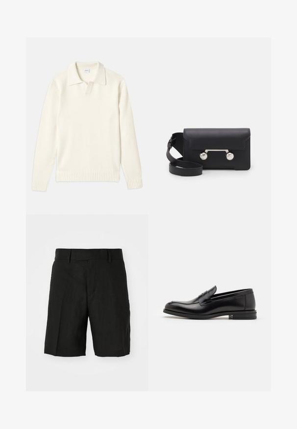 Krēms krāsas adīts džemperis ar polo apkakli, ribotām piedurknēm un apakšmalu, ar priekšējo atdari un mīkstu tekstūru.; Tumši zilas krāsas īsās piedurknes T-krekls ar baltu tekstu "neanche per sogno", kas centrēts uz krūtīm, apaļa kakla izgriezums, vidēja izmēra.; Melnas lina šortas ar atvieglotu piegriezumu, izceļoties ar plakanu priekšpusi, sānu kabatām un vidēja garuma griezumu. Redzama viegla tekstūra.; Melnas ādas kurpes ar gludu tekstūru, noapaļu purngalu un dekoratīvu siksniņu pāri priekšpusei. Zems sakrauts papēdis, minimālisma dizains.; Melna ādas crossbody soma ar atloku aizdari, sudraba toņu aparatūru un divām apaļām detaļām. Iespējams noņemt siksnu. Gluda tekstūra.