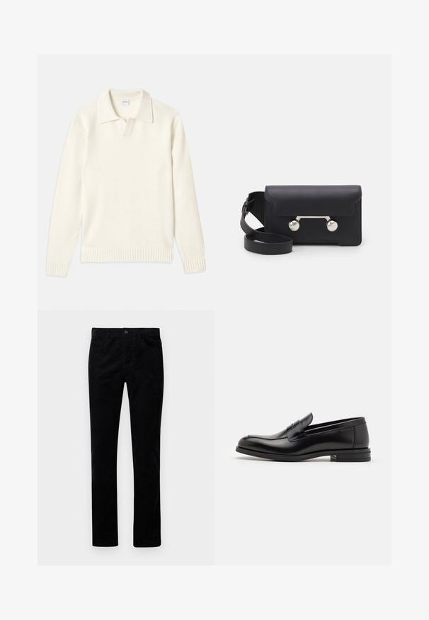 Maglione lavorato a maglia color crema con colletto polo, polsini e orlo a coste, dotato di patta frontale e texture morbida.; T-shirt blu navy a maniche corte con scritta bianca "neanche per sogno" centrata sul petto, colletto girocollo, taglia media.; Pantaloni in corduroy neri con design a gamba dritta, dotati di tasche frontali e chiusura con bottone in metallo. Texture morbida con righe verticali.; Mocassini neri in pelle con una texture liscia, punta arrotondata e una striscia decorativa sulla tomaia. Tacco basso impilato, design minimalista.; Borsa a tracolla in pelle nera con chiusura a patta, hardware in tonalità argento e due accenti tondi. Dotata di una tracolla removibile. Texture liscia.