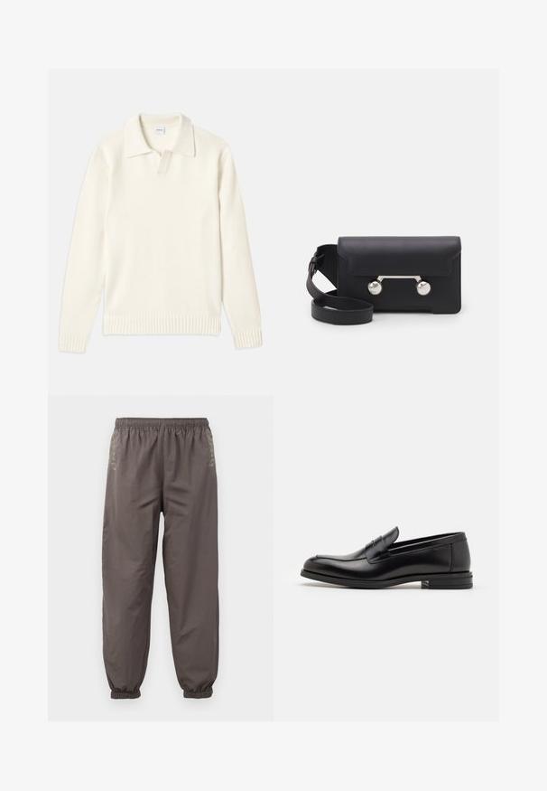 Kermakoolne kootud sviiter polo kaelusega, ribadega mansetid ja äär, esipaneeliga ja pehme tekstuuriga.; T-paita tummansinisestä kankaasta, lyhyet hihat, valkoinen teksti "neanche per sogno" keskellä rintaa, pyöreä kaula-aukko, keskikoko.; Tummanharmaat, joustovyötiellä varustetut housut, joissa on rento leikkaus. Varusteena kootut hihansuut ja hillitty brodeeraus sivuilla. Kevyt kangas.; Mustat nahkakengät, joissa on sileä pinta, pyöreä kärki ja koristeellinen nauha jalkapöydän yli. Matala pinoitu koroke, minimalistinen muotoilu.; Mustan nahkainen olkalaukku, jossa on läppäkiinnitys, hopeanväriset yksityiskohdat ja kaksi pyöreää koristetta. Varustettu irrotettavalla hihnalla. Sileä pinta.