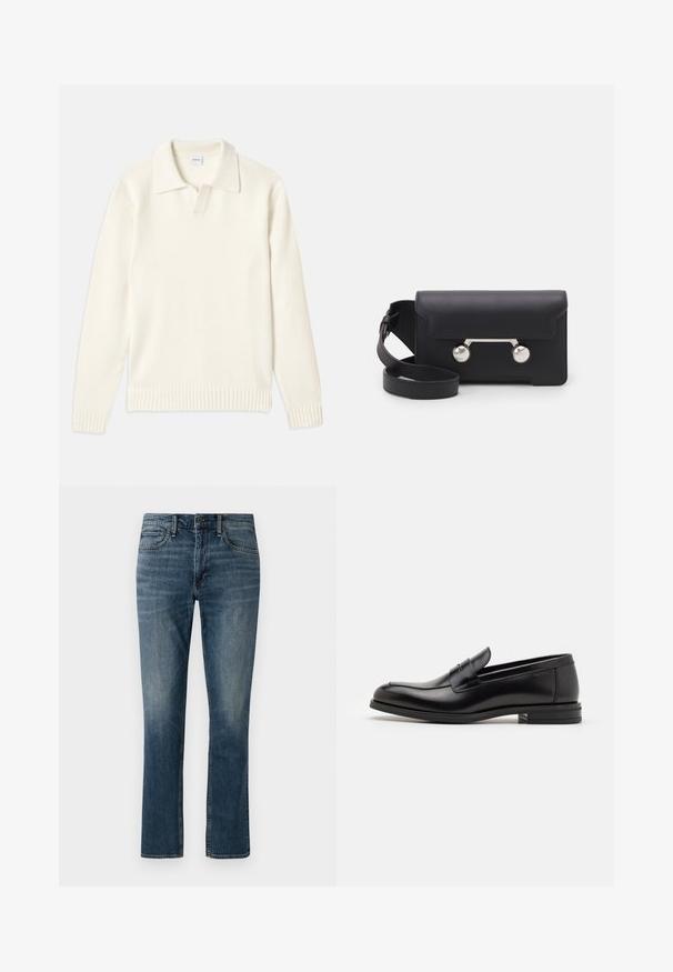 Kremfarvet strikket sweater med polo-krave, ribbede mansjetter og kant, med en frontplacket og blød tekstur.; Mørkeblå T-shirt med korte ærmer og hvid tekst "neanche per sogno" centreret på brystet, rund hals, medium størrelse.; Mørkeblå denimjeans med lige ben. Funktionen inkluderer forlommer, en knaplukning og diskrete slidmærker nær lårene.; Sorte læderloafers med en glat overflade, rund tå og en dekorativ strop over vampen. Lav hæl med stabeldesign, minimalistisk stil.; Sort læder crossover taske med klaplukning, sølvfarvet hardware og to runde accenter. Har en aftagelig rem. Glat tekstur.