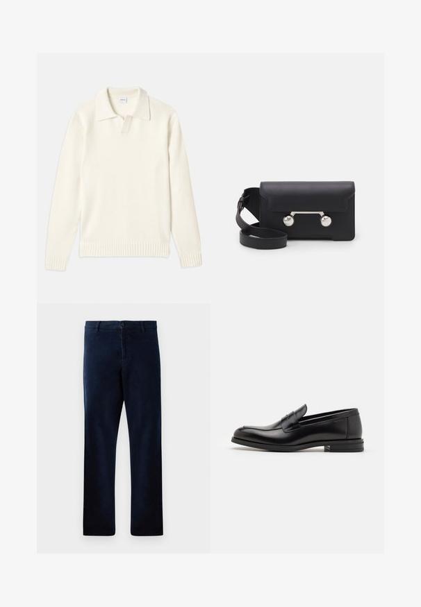 Cream-colored knit sweater with a polo collar, ribbed cuffs, and hem, featuring a front placket and soft texture.; Navy blue short-sleeve T-shirt with white text "neanche per sogno" centered on the chest, crew neck, medium size.; Navy blue trousers made of a soft, textured fabric, featuring a button closure and straight cut, with subtle stitching details.; Black leather loafers with a smooth texture, rounded toe, and a decorative strap across the vamp. Low stacked heel, minimalist design.; Black leather crossbody bag with a flap closure, silver-tone hardware, and two round accents. Features a detachable strap. Smooth texture.