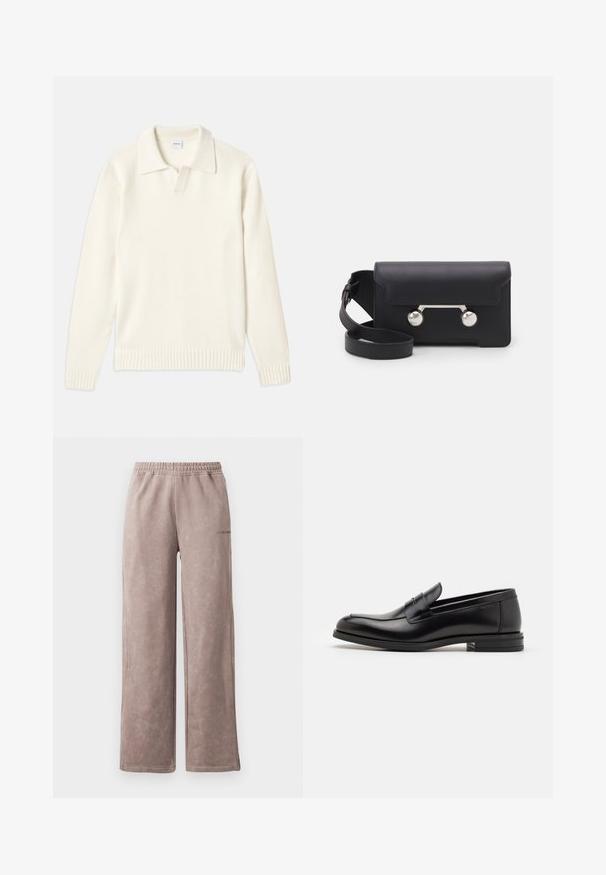 Krémový pletený sveter s polokošaľovým golierom, rebrovanými manžetami a spodným lemom, s prednými gombíkmi a jemnou textúrou.; Námornícky modré tričko s krátkym rukávom, biely nápis "ani vo sne" umiestnený na strede hrude, okrúhly výstrih, stredná veľkosť.; Svetlohnedé tepláky s jemnou textúrovanou úpravou, širokým strihom nohavíc, elastickým pásom a diskrétnym logom na boku.; Čierne kožené mokasíny s hladkou textúrou, zaoblenou špičkou a dekoračným pásikom cez priehlavok. Nízky vrstvený opätok, minimalistický dizajn.; Čierna kožená crossbody taška s klopovým uzáverom, strieborné nity a dve okrúhle ozdoby. Obsahuje odnímateľný popruh. Hladký povrch.