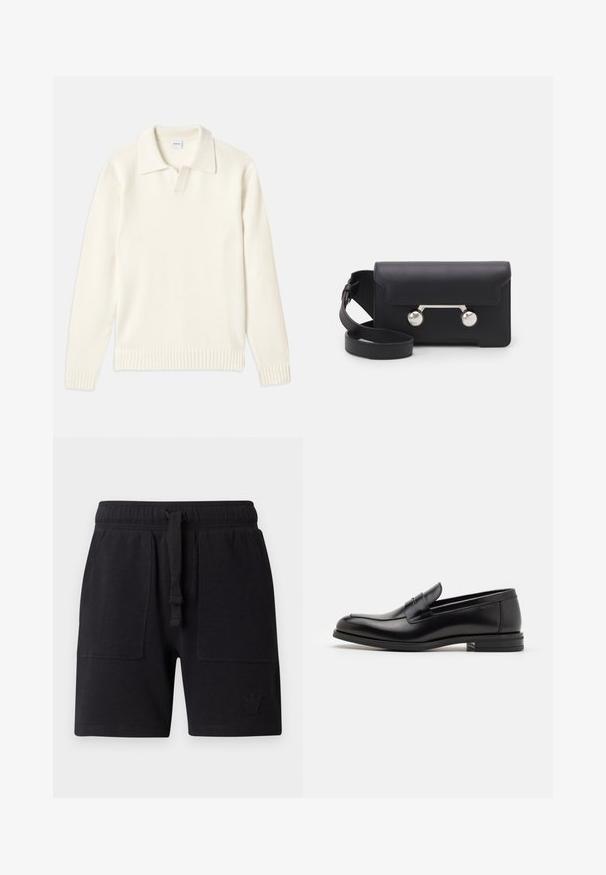 Cream-colored knit sweater with a polo collar, ribbed cuffs, and hem, featuring a front placket and soft texture.; Navy blue short-sleeve T-shirt with white text "neanche per sogno" centered on the chest, crew neck, medium size.; Black shorts made of cotton blend fabric, featuring an elastic waistband with drawstring, two side pockets, and a small logo detail.; Black leather loafers with a smooth texture, rounded toe, and a decorative strap across the vamp. Low stacked heel, minimalist design.; Black leather crossbody bag with a flap closure, silver-tone hardware, and two round accents. Features a detachable strap. Smooth texture.