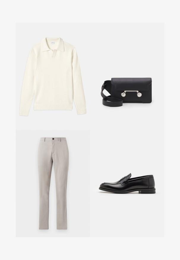 Pulover tricotat de culoare crem, cu guler polo, manșete și tiv cu nervuri, având o clapetă frontală și o textură moale.; Tricou de culoare albastru închis cu mânecă scurtă, cu text alb "neanche per sogno" centrat pe piept, guler rotund, dimensiune medie.; Pantaloni gri deschis, îmbrăcați, cu o textură netedă, având un închidere cu buton și picioare drepte. Fără buzunare vizibile sau modele.; Mocasini din piele neagră cu o textură netedă, vârf rotund și o curea decorativă peste partea superioară. Toc mic, design minimalist.; Geantă din piele neagră, tip crossbody, cu închidere prin clapetă, accesorii din metal de culoare argintie și două accente rotunde. Dispune de o curea detașabilă. Textură netedă.