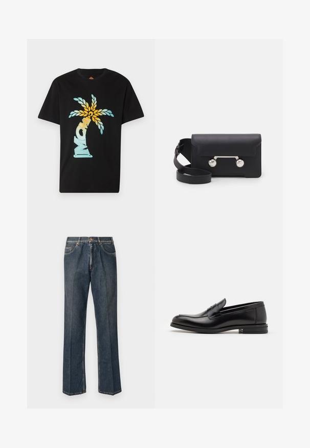 Kremo spalvos mezginis megztinis su polo apykakle, raukšlėtomis rankovėmis ir apačia, su priekiniais užtrauktukais ir minkšta tekstūra.; Juodas trumpas rankovėmis marškinėliai su spalvingu atvaizdu, vaizduojančiu palmę ir žodį "MOM" stilizuotu šriftu, su mėlynomis ir geltonomis akcentais.; Tamsiai mėlynos tiesios kojos džinsai su priekiniais mygtukais, užtrauktuku, dviem priekinėmis kišenėmis ir matomomis vertikaliomis raukšlėmis nuo kelnių šonų.; Juodos odinės loafers, turinčios lygų paviršių, apvalią noselę ir dekoratyvinę juostą per priekinę dalį. Žemas krentantis kulnas, minimalistinis dizainas.; Juodas odinis kryžminis krepšys su sklendės uždarymu, sidabro spalvos detalėmis ir dviem apvaliais akcentais. Yra nusiimamas diržas. Lygus paviršius.