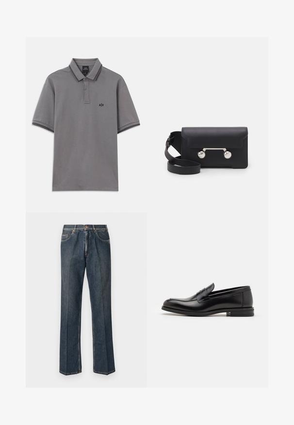 Krémový pletený svetr s polokošilovým límcem, žebrovanými manžetami a lemem, s předním zapínáním a měkkou texturou.; Šedé polokošile s krátkým rukávem, černými lemy na límečku a rukávech, zapínáním na knoflíky a malým černým logem A|X na levé hrudi.; Tmavě modré džíny rovného střihu s předním poutkem, zipem, dvojitými předními kapsami a viditelnými vertikálními záhyby na nohavicích.; Černé kožené polobotky s hladkou texturou, zaoblenou špičkou a zdobným páskem přes nárt. Nízký stohovaný podpatek, minimalistický design.; Černá kožená crossbody taška s klopovým zavíráním, stříbrným kováním a dvěma kulatými detaily. Obsahuje odnímatelný popruh. Hladká textura.