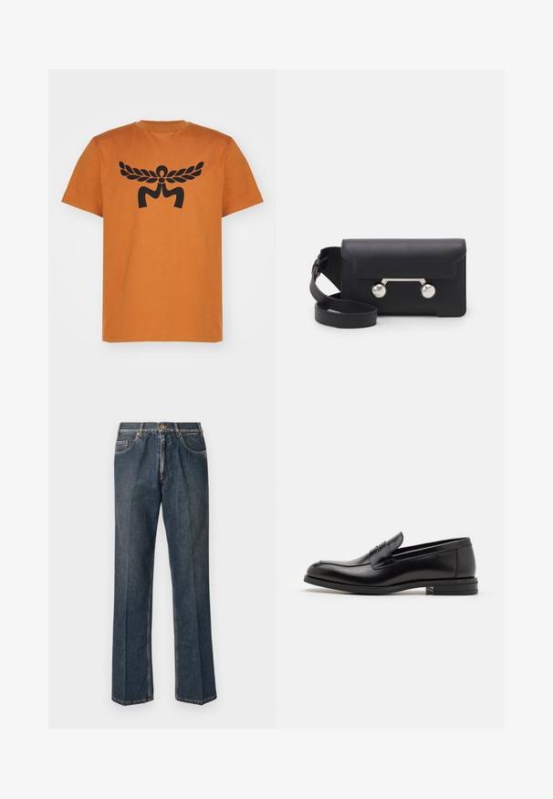 Cremefarbener Strickpullover mit Polo-Kragen, gerippten Bündchen und Saum, ausgestattet mit einer vorderen Knopfleiste und weicher Textur.; Oranges Baumwoll-T-Shirt mit einem großen schwarzen Grafikdesign eines abstrakten Figures mit Flügeln auf der Vorderseite. Kurze Ärmel, Rundhalsausschnitt.; Dunkelblaue, gerade Jeans aus Denim mit vorderem Knopf, Reißverschluss, doppelten vorderen Taschen und sichtbaren vertikalen Falten entlang der Beine.; Schwarze Lederloafers mit glatter Textur, rundem Zehenbereich und einem dekorativen Riemen über dem Vorderfuß. Niedriger, gestapelter Absatz, minimalistisches Design.; Schwarze Leder-Umhängetasche mit Klappenverschluss, silberfarbener Hardware und zwei runden Akzenten. Verfügt über einen abnehmbaren Schulterriemen. Glatte Textur.