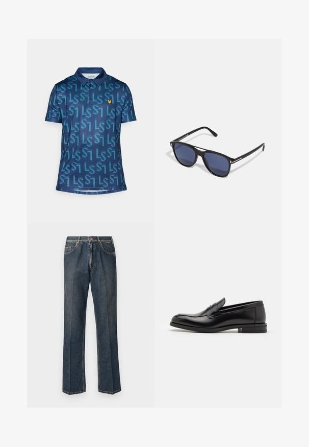 Krém színű kötött pulóver, póló gallérral, bordás mandzsettákkal és szegéllyel, elülső gomboló pánttal és puha tapintással.; Tengerészeti póló, melyet egy ismétlődő "LS" minta díszít türkiz színben, három gombos állású, és sárga sas logó található a mellkasán.; Sötétkék egyenes szárú farmernadrág elülső gombbal, cipzáros behúzással, dupla elülső zsebekkel és lábszárakon látható függőleges ráncokkal.; Fekete bőr loaferek sima textúrával, kerek orral és dekoratív pánttal a vampnál. Alacsony, rétegelt sarkú, minimalista dizájn.; Fekete műanyag keretes napszemüveg, kék árnyalatú lencsékkel, enyhén kerekded formával, és ezüstszínű fém díszítéssel a szárakon.