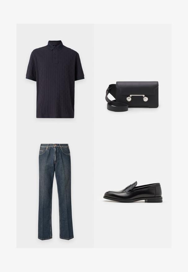 Crème-kleurige gebreide trui met een polo-kraag, geribde manchetten en zoom, voorzien van een voorste placket en een zachte textuur.; Marineblauwe polo met korte mouwen en een gestructureerd patroon, voorzien van een knoopsluiting en een contrasterende kraag. Zacht materiaal, comfortabele pasvorm.; Donkerblauwe rechte spijkerbroek met een knoopsluiting aan de voorkant, rits, dubbele voorzakken en zichtbare verticale plooien langs de benen.; Zwarte leren instappers met een gladde textuur, ronde neus en een decoratieve band over de wreef. Lage, gestapelde hak en minimalistisch ontwerp.; Zwarte leren schoudertas met een klep, zilverkleurige hardware en twee ronde accenten. Voorzien van een afneembare schouderriem. Soepele textuur.