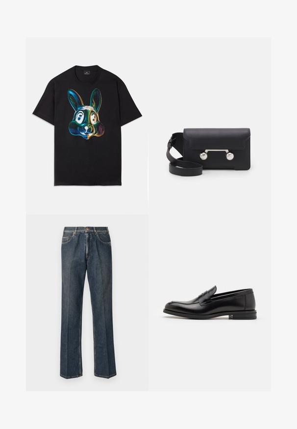 Krémový pletený sveter s polokošaľovým golierom, rebrovanými manžetami a spodným lemom, s prednými gombíkmi a jemnou textúrou.; Čierny bavlnený tričko s farebnou, abstraktnou ilustráciou zajačej tváre na prednej strane. Okrúhly výstrih, krátke rukávy a voľný strih.; Tmavomodré rovné džínsy s predným gombíkom, zipsom, dvojitými prednými vreckami a viditeľnými vertikálnymi pukmi pozdĺž nohavíc.; Čierne kožené mokasíny s hladkou textúrou, zaoblenou špičkou a dekoračným pásikom cez priehlavok. Nízky vrstvený opätok, minimalistický dizajn.; Čierna kožená crossbody taška s klopovým uzáverom, strieborné nity a dve okrúhle ozdoby. Obsahuje odnímateľný popruh. Hladký povrch.