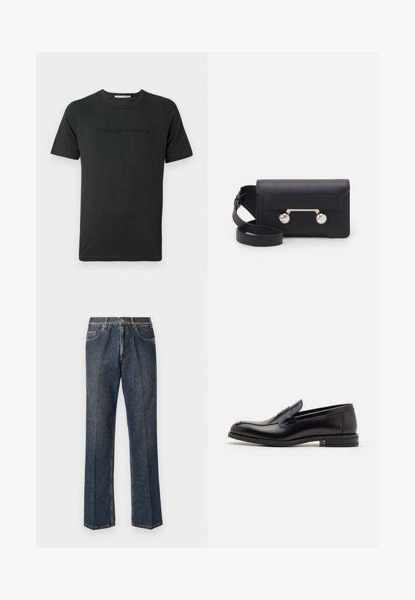 Suéter de punto color crema con cuello de polo, puños y dobladillo acanalados, que presenta un tapeta frontal y una textura suave.; camiseta de algodón negra de manga corta, con un logotipo en relieve tonal "TIGER OF SWEDEN" en la parte frontal. Cuello redondo clásico.; Vaqueros de mezclilla de pierna recta en azul oscuro con botón frontal, cremallera, dobles bolsillos frontales y pliegues verticales visibles a lo largo de las piernas.; Mocasines de cuero negro con una textura suave, puntera redondeada y una tira decorativa en el empeine. Tacón bajo apilado, diseño minimalista.; Bolso cruzado de cuero negro con cierre de solapa, herrajes en tono plata y dos acentos redondos. Cuenta con una correa desmontable. Textura suave.