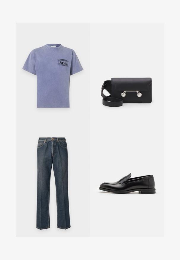 Suéter tricotado de cor creme com gola polo, punhos e barra en ribana, apresentando uma pala frontal e uma textura suave.; Camiseta de algodão roxa com mangas curtas, decote redondo e um logótipo em serigrafia preto que lê "Áries" no lado esquerdo do peito.; Jeans de ganga de perna reta azul escuro com botão à frente, fecho de correr, dois bolsos frontais e vinco vertical visível ao longo das pernas.; Mocassins de couro preto com uma textura suave, bico arredondado e uma faixa decorativa sobre o peito do pé. Salto baixo e empilhado, design minimalista.; Saco transversal em pele preta com fecho de aba, ferragens em tom prateado e dois acentos redondos. Apresenta uma alça destacável. Textura suave.