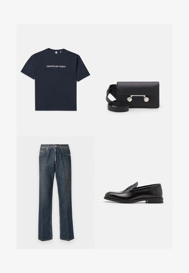 Krema barve pletena jopica s polo ovratnikom, rebrastimi manšetami in robom, ki ima sprednji zadrgo in mehak tekstur.; Temno modra kratka majica s kratkimi rokavi z belim napisom "neanche per sogno" sredi prsnega dela, okrogli izrez, velikost srednja.; Temno modri traper hlače ravnega kroja z gumbom spredaj, zadrgo, dvojnimi sprednjimi žepi in vidnimi navpičnimi gubami po nogah.; Črne usnjene loafer čevlje z gladko teksturo, zaobljenim nosom in dekorativnim trakom čez zgornji del. Nizka zložena peta, minimalističen dizajn.; Črna usnjena torbica za čez ramo z zapiranjem na preklop, srebrnimi dodatki in dvema okroglima okrasoma. Ima snemljiv trak. Gladka tekstura.