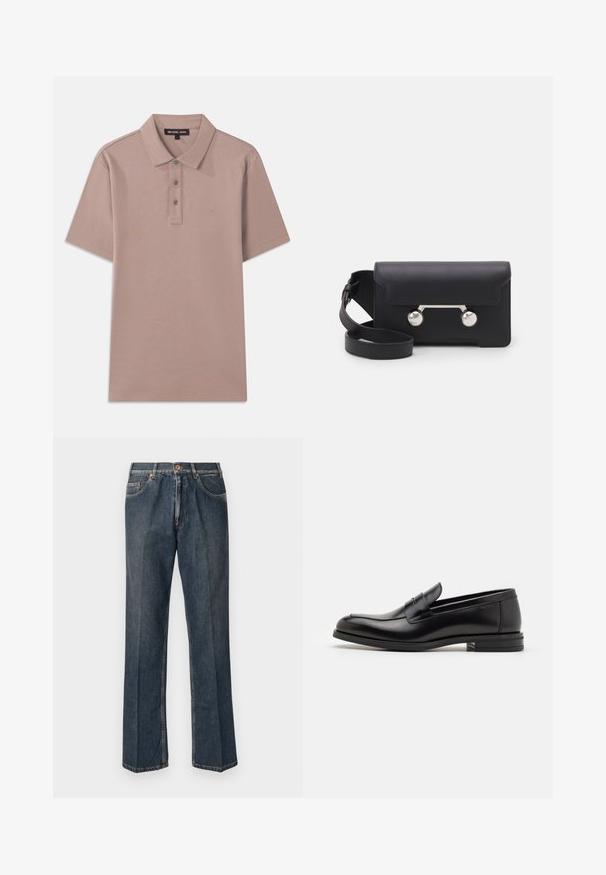 Krém színű kötött pulóver, póló gallérral, bordás mandzsettákkal és szegéllyel, elülső gomboló pánttal és puha tapintással.; Világosbarna anyagú pólóing rövid ujjakkal, három gombos gombolással és hímzett "MK" logóval a mellkason. Sima textúra.; Sötétkék egyenes szárú farmernadrág elülső gombbal, cipzáros behúzással, dupla elülső zsebekkel és lábszárakon látható függőleges ráncokkal.; Fekete bőr loaferek sima textúrával, kerek orral és dekoratív pánttal a vampnál. Alacsony, rétegelt sarkú, minimalista dizájn.; Fekete bőr keresztpántos táska hajtókával, ezüst színű kiegészítőkkel és két kerek díszítéssel. Levehető pánttal rendelkezik. Simább textúrájú.