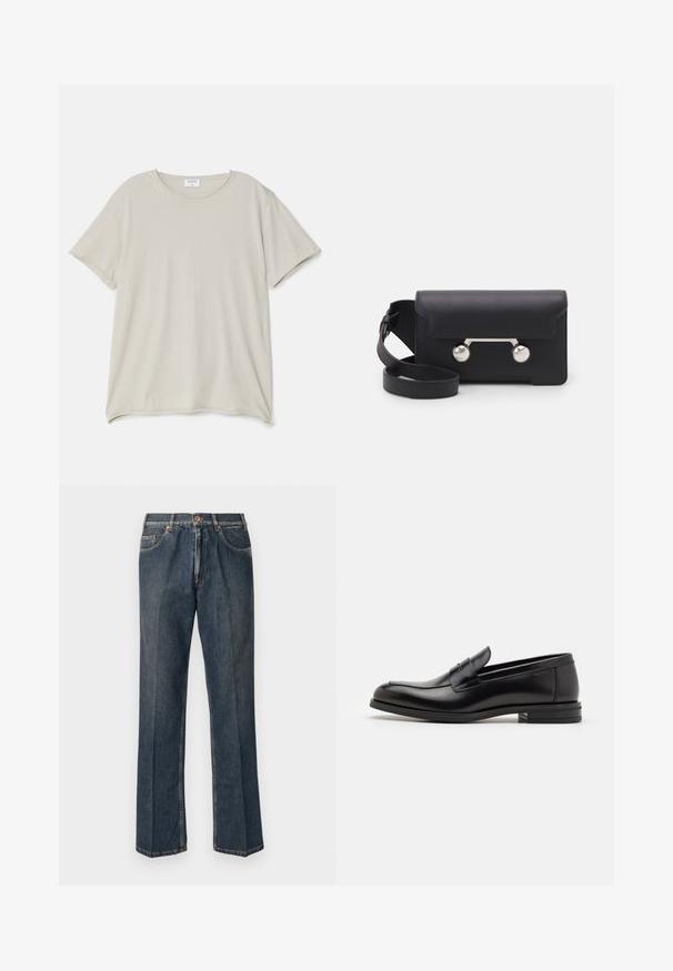 Krém színű kötött pulóver, póló gallérral, bordás mandzsettákkal és szegéllyel, elülső gomboló pánttal és puha tapintással.; Világos bézs színű, puha pamutból készült póló, kerek nyakkivágással és rövid ujjakkal. Sima textúrájú, laza szabású kialakítással.; Sötétkék egyenes szárú farmernadrág elülső gombbal, cipzáros behúzással, dupla elülső zsebekkel és lábszárakon látható függőleges ráncokkal.; Fekete bőr loaferek sima textúrával, kerek orral és dekoratív pánttal a vampnál. Alacsony, rétegelt sarkú, minimalista dizájn.; Fekete bőr keresztpántos táska hajtókával, ezüst színű kiegészítőkkel és két kerek díszítéssel. Levehető pánttal rendelkezik. Simább textúrájú.