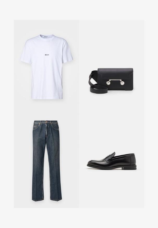 Sweter dzianinowy w kolorze kremowym z kołnierzykiem polo, prążkowanymi mankietami i dołem, z dekoltem na guziki i miękką fakturą.; Biała bawełniana koszulka z okrągłym dekoltem, krótkimi rękawami i małym czarnym logo "MSGM" nadrukowanym z przodu. Gładka tekstura.; Ciemnoniebieskie dżinsy prostego kroju z przodu na guzik, z suwakiem, podwójnymi kieszeniami z przodu oraz widocznymi pionowymi zmarszczeniami na nogawkach.; Czarne skórzane mokasyny o gładkiej fakturze, zaokrąglonym nosku i dekoracyjnym pasku na przodzie. Niski, warstwowy obcas, minimalistyczny design.; Czarna skórzana torba na ramię z klapką, z metalowymi elementami w srebrnym kolorze i dwoma okrągłymi akcentami. Posiada odczepiany pasek. Gładka faktura.