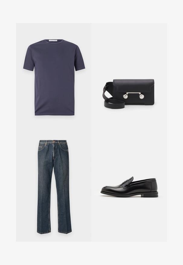 Kremo spalvos mezginis megztinis su polo apykakle, raukšlėtomis rankovėmis ir apačia, su priekiniais užtrauktukais ir minkšta tekstūra.; Tamsiai mėlynas trumpomis rankovėmis marškinėliai, pagaminti iš glotnaus audinio. Turintys apvalų kaklą ir subtilius siuvimo akcentus. Minimalistinis dizainas be raštų.; Tamsiai mėlynos tiesios kojos džinsai su priekiniais mygtukais, užtrauktuku, dviem priekinėmis kišenėmis ir matomomis vertikaliomis raukšlėmis nuo kelnių šonų.; Juodos odinės loafers, turinčios lygų paviršių, apvalią noselę ir dekoratyvinę juostą per priekinę dalį. Žemas krentantis kulnas, minimalistinis dizainas.; Juodas odinis kryžminis krepšys su sklendės uždarymu, sidabro spalvos detalėmis ir dviem apvaliais akcentais. Yra nusiimamas diržas. Lygus paviršius.