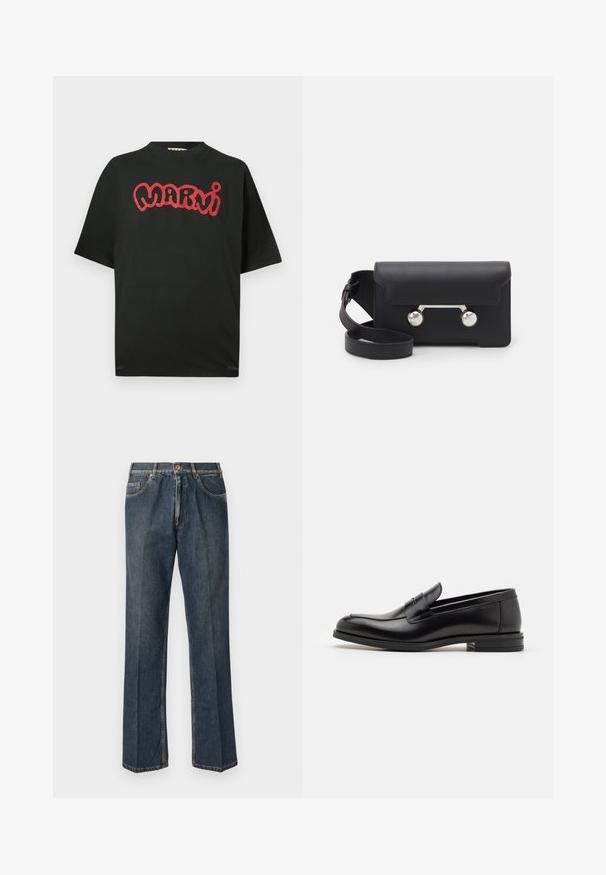 Suéter tricotado de cor creme com gola polo, punhos e barra en ribana, apresentando uma pala frontal e uma textura suave.; T-Shirt preto de manga curta com o texto estilizado "Marni" em vermelho no peito, apresentando um decote redondo e um corte descontraído.; Jeans de ganga de perna reta azul escuro com botão à frente, fecho de correr, dois bolsos frontais e vinco vertical visível ao longo das pernas.; Mocassins de couro preto com uma textura suave, bico arredondado e uma faixa decorativa sobre o peito do pé. Salto baixo e empilhado, design minimalista.; Saco transversal em pele preta com fecho de aba, ferragens em tom prateado e dois acentos redondos. Apresenta uma alça destacável. Textura suave.