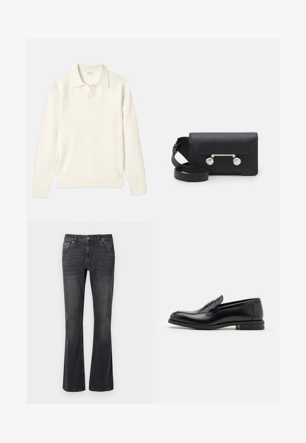 Krema barve pletena jopica s polo ovratnikom, rebrastimi manšetami in robom, ki ima sprednji zadrgo in mehak tekstur.; Črne usnjene hlače s razširjenim designom, petimi žepi in kovinskim gumbom za zapiranje. Tkanina ima gladko teksturo z subtilnim bledenjem.; Črne usnjene loafer čevlje z gladko teksturo, zaobljenim nosom in dekorativnim trakom čez zgornji del. Nizka zložena peta, minimalističen dizajn.; Črna usnjena torbica za čez ramo z zapiranjem na preklop, srebrnimi dodatki in dvema okroglima okrasoma. Ima snemljiv trak. Gladka tekstura.