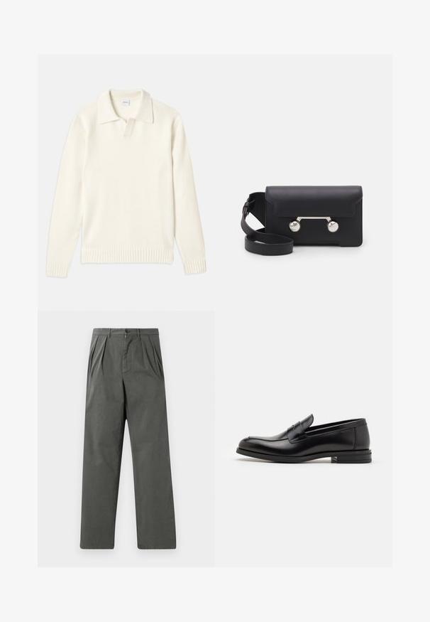 Cremefarbener Strickpullover mit Polo-Kragen, gerippten Bündchen und Saum, ausgestattet mit einer vorderen Knopfleiste und weicher Textur.; Leichte, gefaltete Hose aus dunkelgrau Baumwolle mit geradem Bein. Mit einem vorderen Knopfverschluss und Gürtelschlaufen.; Schwarze Lederloafers mit glatter Textur, rundem Zehenbereich und einem dekorativen Riemen über dem Vorderfuß. Niedriger, gestapelter Absatz, minimalistisches Design.; Schwarze Leder-Umhängetasche mit Klappenverschluss, silberfarbener Hardware und zwei runden Akzenten. Verfügt über einen abnehmbaren Schulterriemen. Glatte Textur.